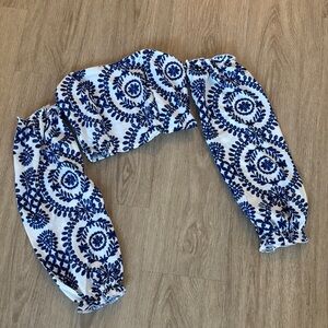Blue and White Off the Shoulder Floral Crop Top with Sleeves